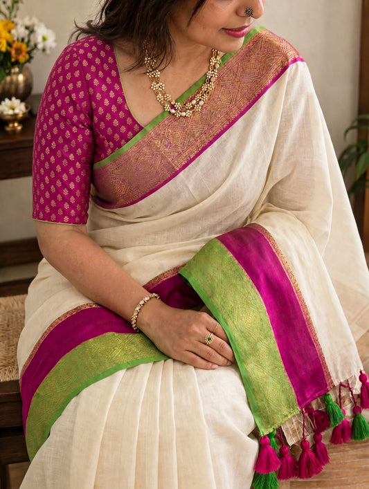 Off white soft mul cotton with kanchi border light weight saree - Pink & Green