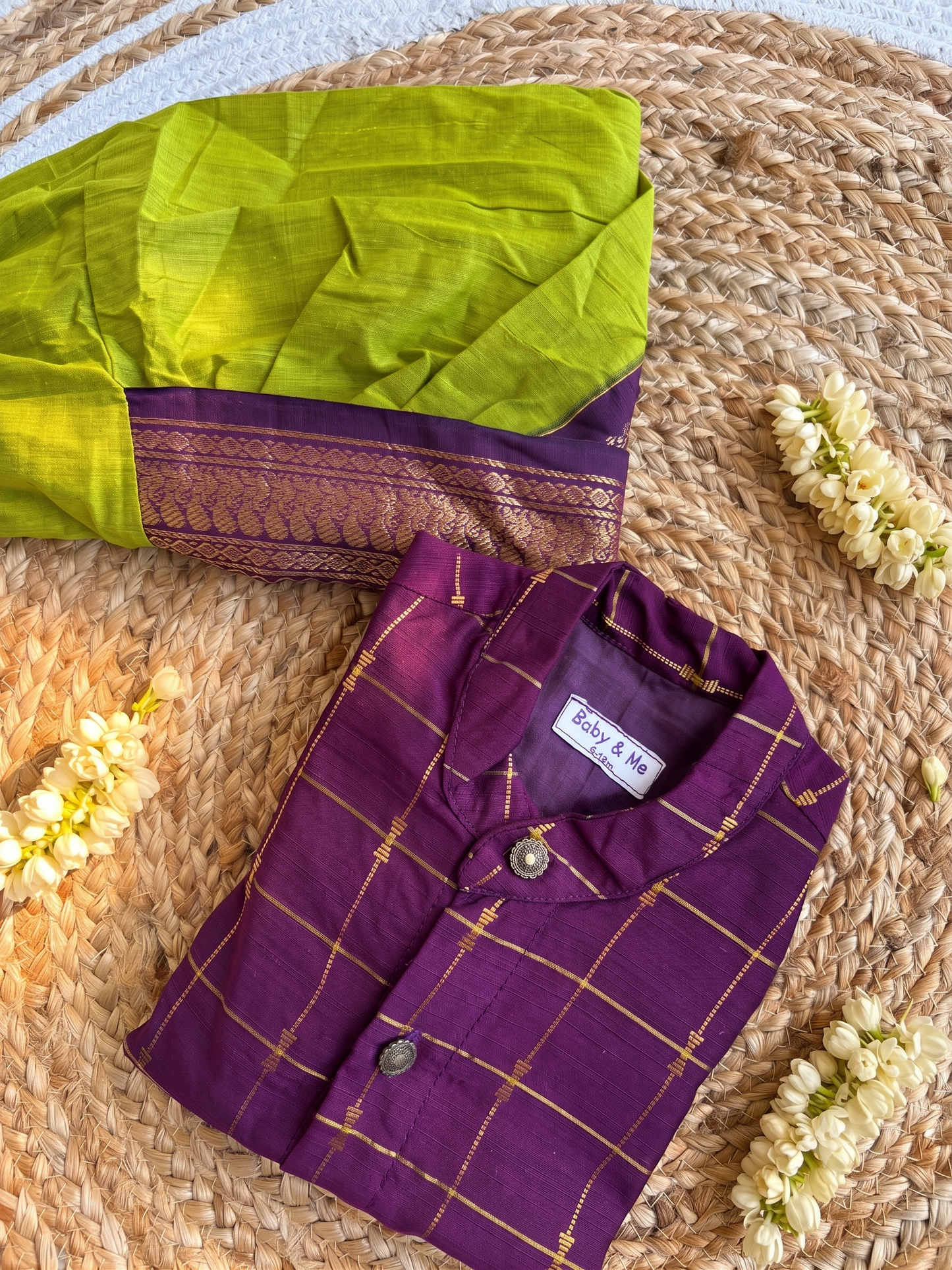 Deep Wine checks Kurta & Green Dhoti with Zari Border kurta dhoti for baby boy