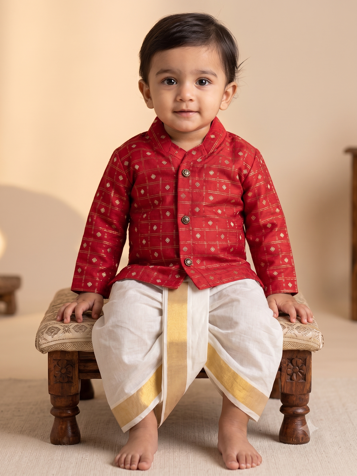 Reshme chowka red kurta with handloom cotton white with zari dhoti ethnic wear for baby boy