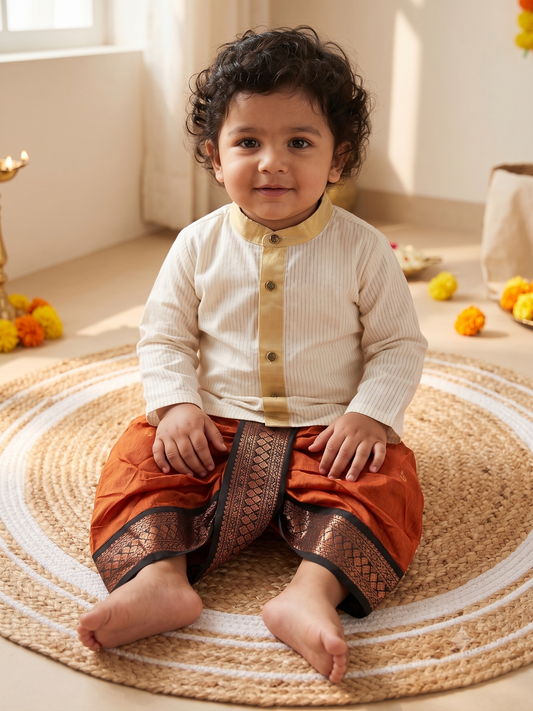 White with gold Kurta and orange with black Dhoti for baby boy