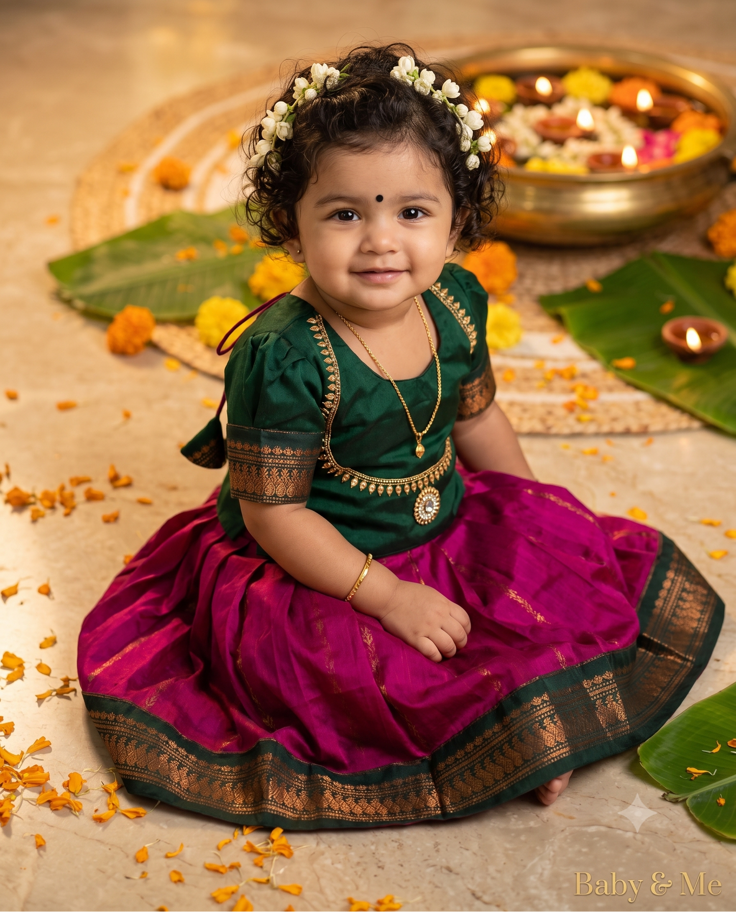 Magenta pink and bottle green traditional pavadai set for Baby Girl