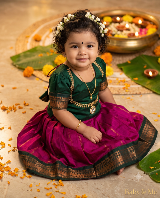 Little Lakshmi Traditional pavadai pure cotton with zari weaving and hand embroidery langa blouse set for baby girl