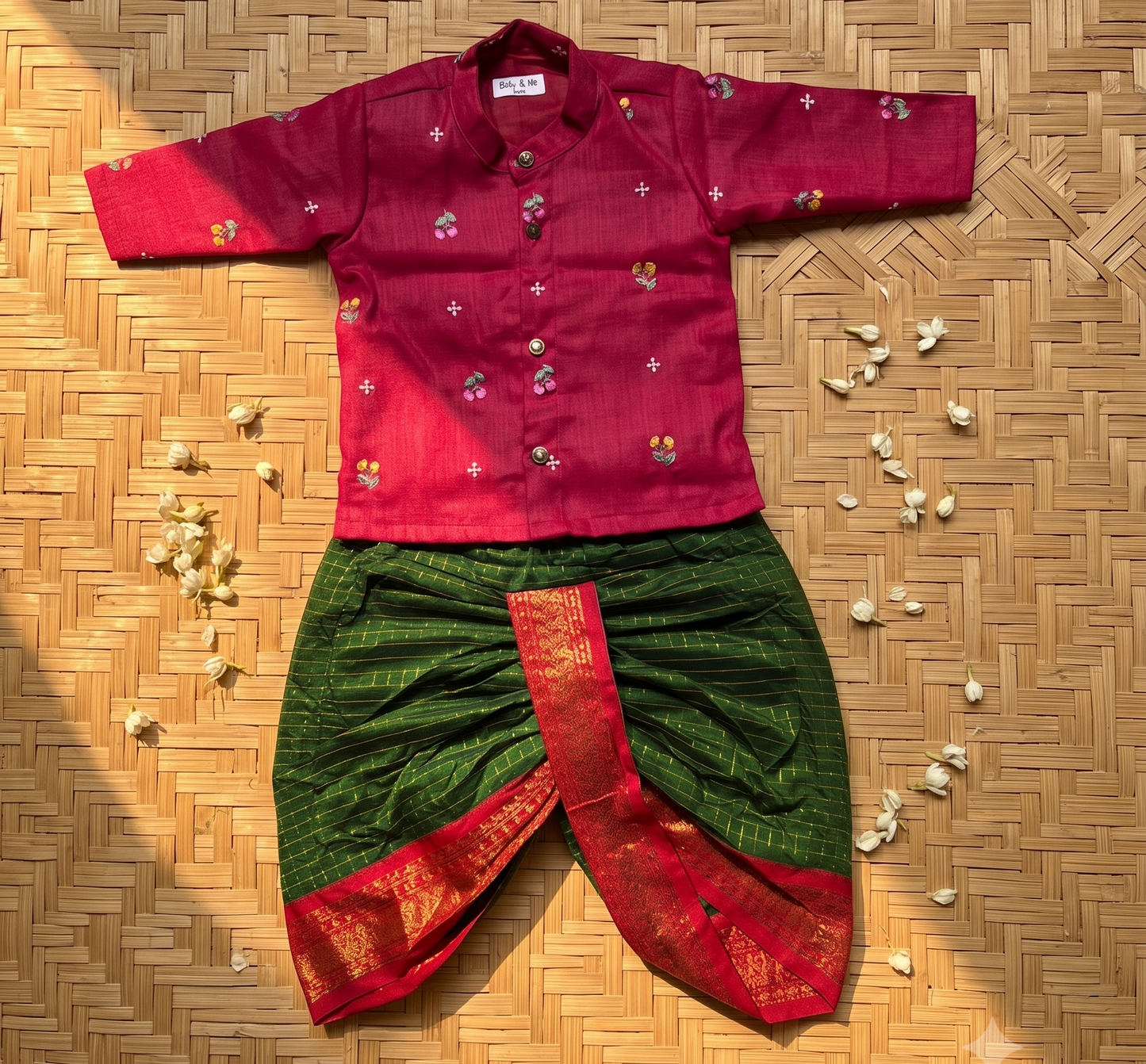 Pure Linen Red Kurta with Bottle green with red border Dhoti for baby boy