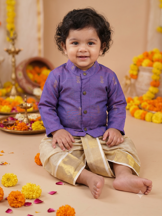 Lavendar weave kurta and Gold Dhoti for Boys – Traditional Ethnic Wear for Baby Boy