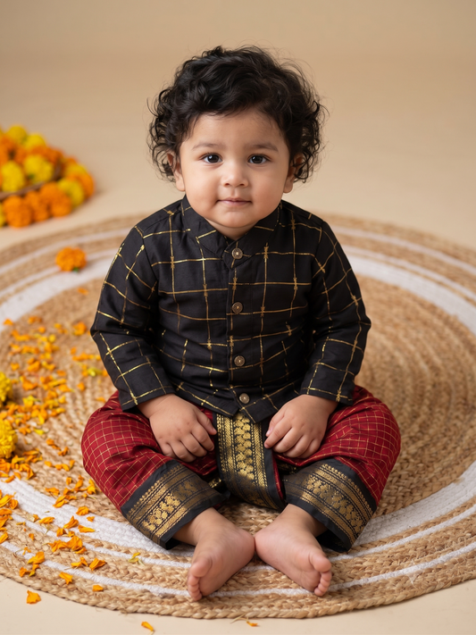 Black checks Kurta & Maroon With black border Dhoti with Zari Border kurta dhoti for baby boy
