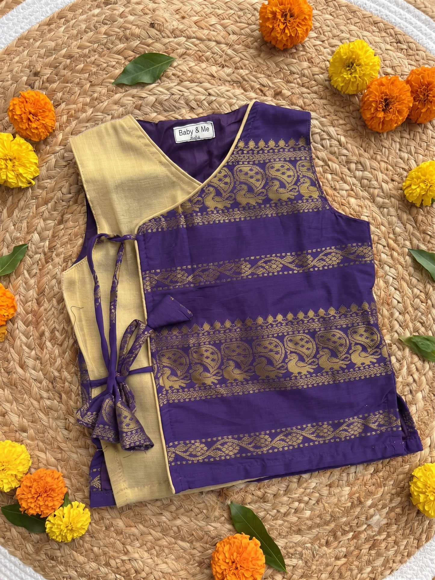 Purple with gold angrakha cotton silk kurta top baby boy ethnic wear