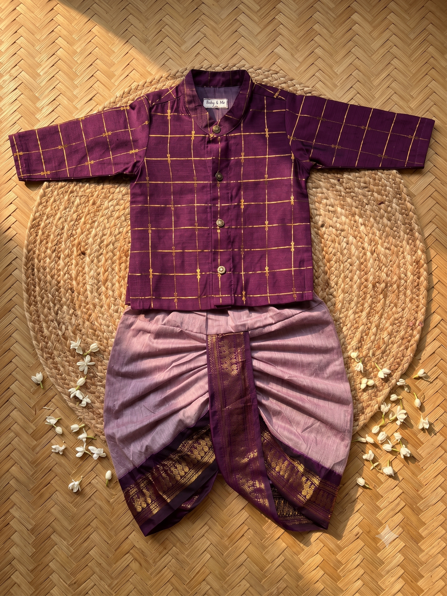 Deep Wine checks Kurta & Lavender Dhoti with Zari Border kurta dhoti for baby boy