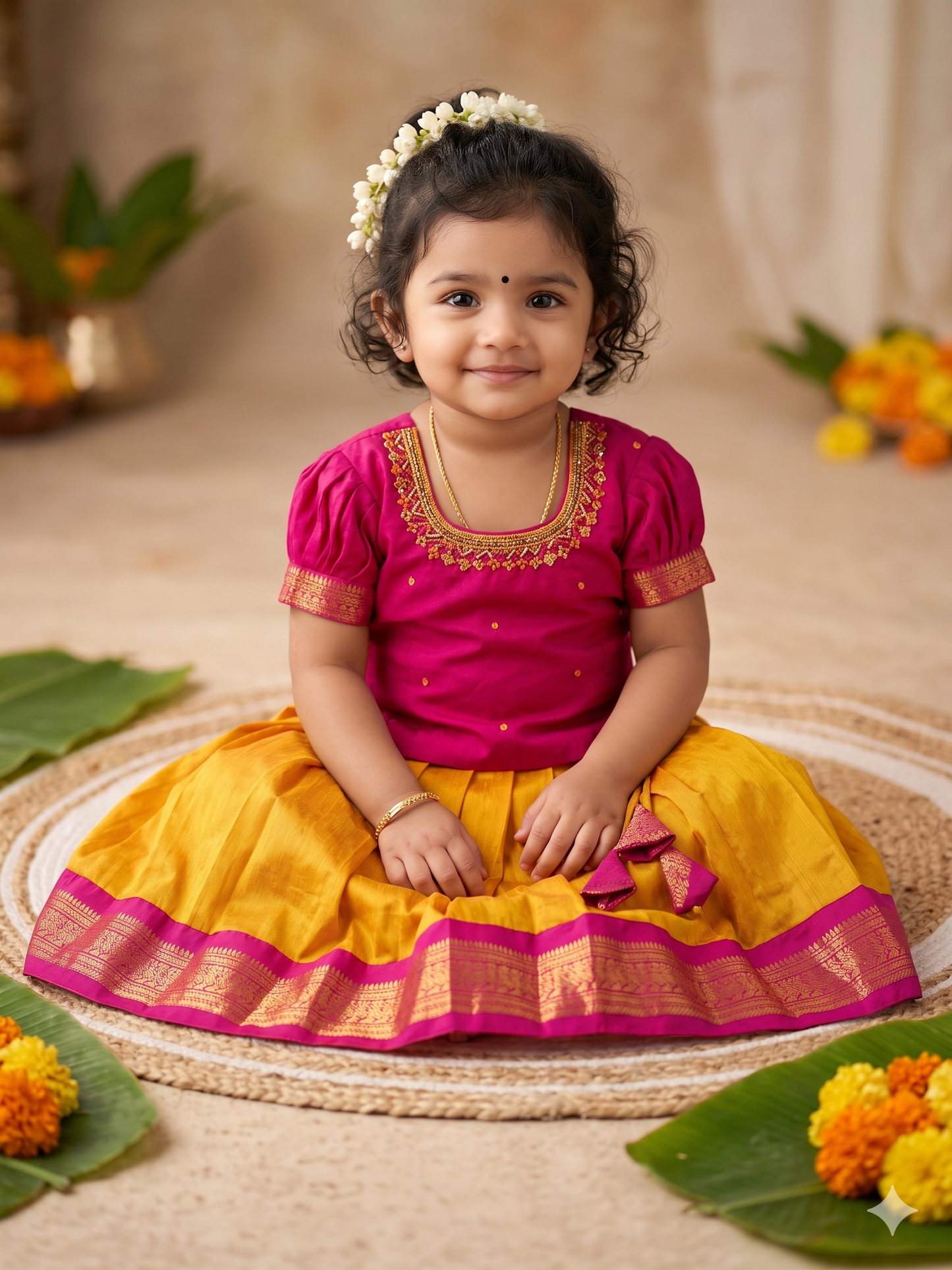 Yellow and Pink Embroided Langa Blouse – Traditional Zari Border Cotton Dress for Baby Girl