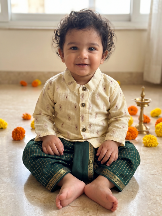 Yellow banarasi cotton with zari butta work and bottle green checked Dhoti for Boys – Traditional Ethnic Wear for Baby Boy