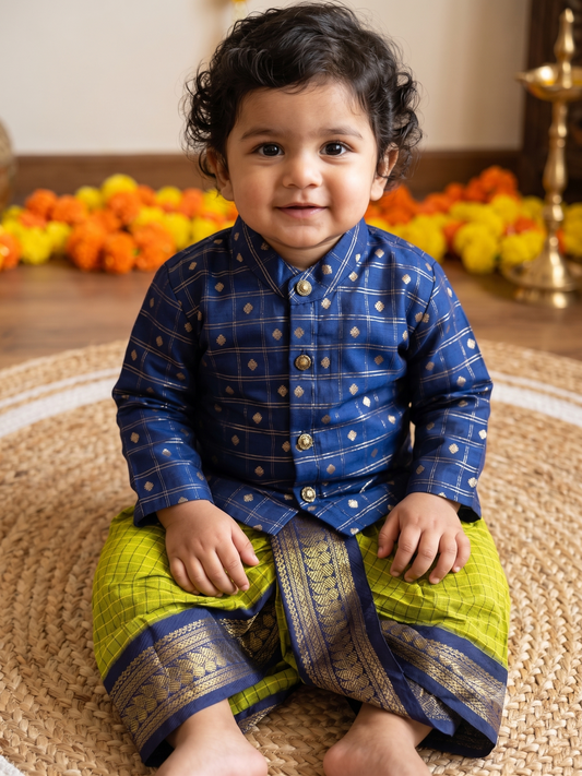 Navy blue reshme chowka Kurta with green  dhoti  traditional ethnic wear for baby boy