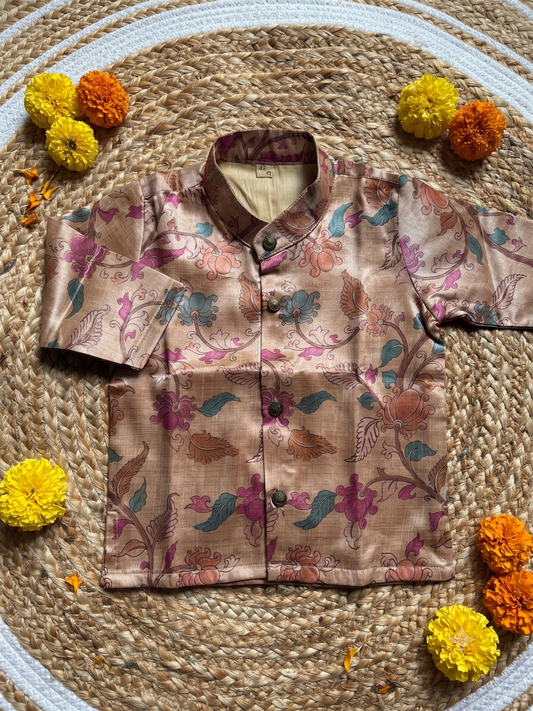Traditional Indian Kalamkari Soft Beige Baby Boy Silk Kurta