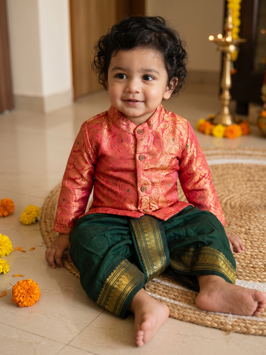 Peach banarasi kurta with traditional Bottle green dhoti ethnic wear for baby boy