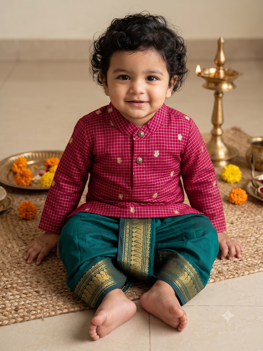 Maroon with green reshme chowka Kurta Dhoti for baby boy - Festive Collection