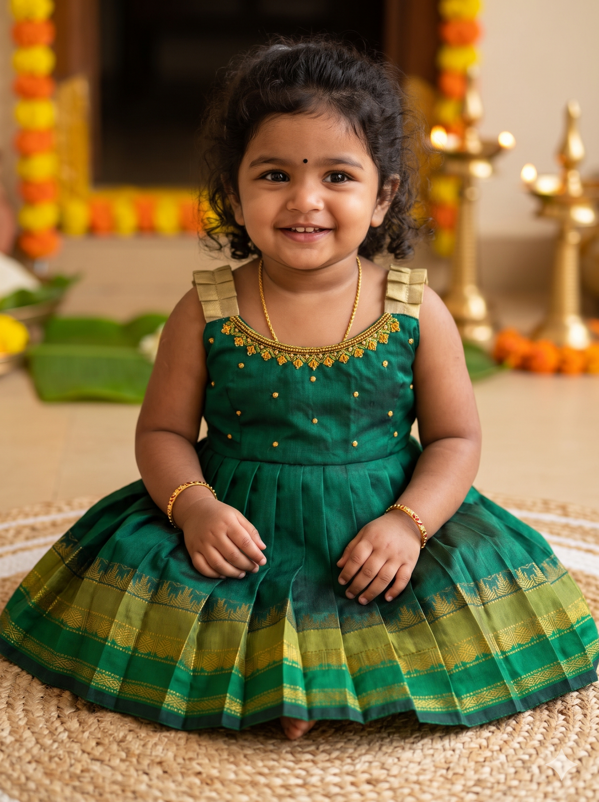 Bottle green neck Embroidery sleeveless  Ethnic Wear for Baby Girl – Traditional frock for Baby Girl