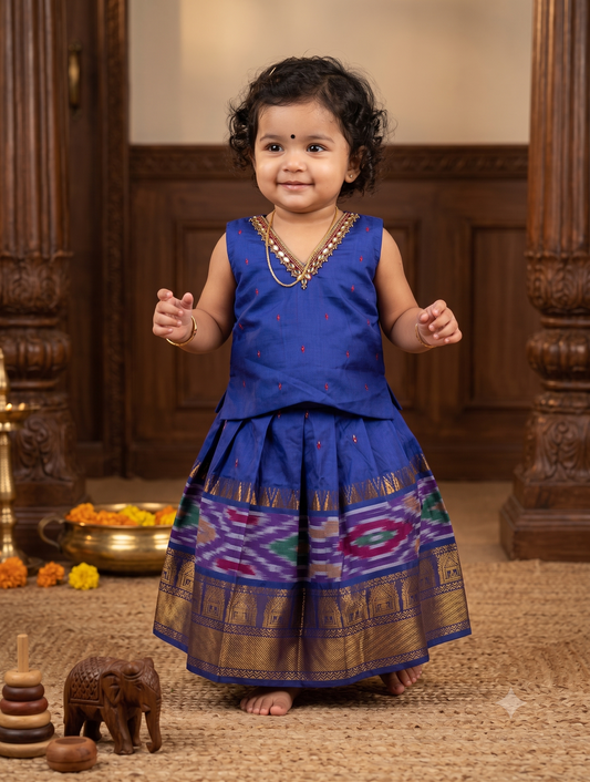 Pochampally border purple kanchi silk cotton sleeveless heritage langa blouse for baby girl