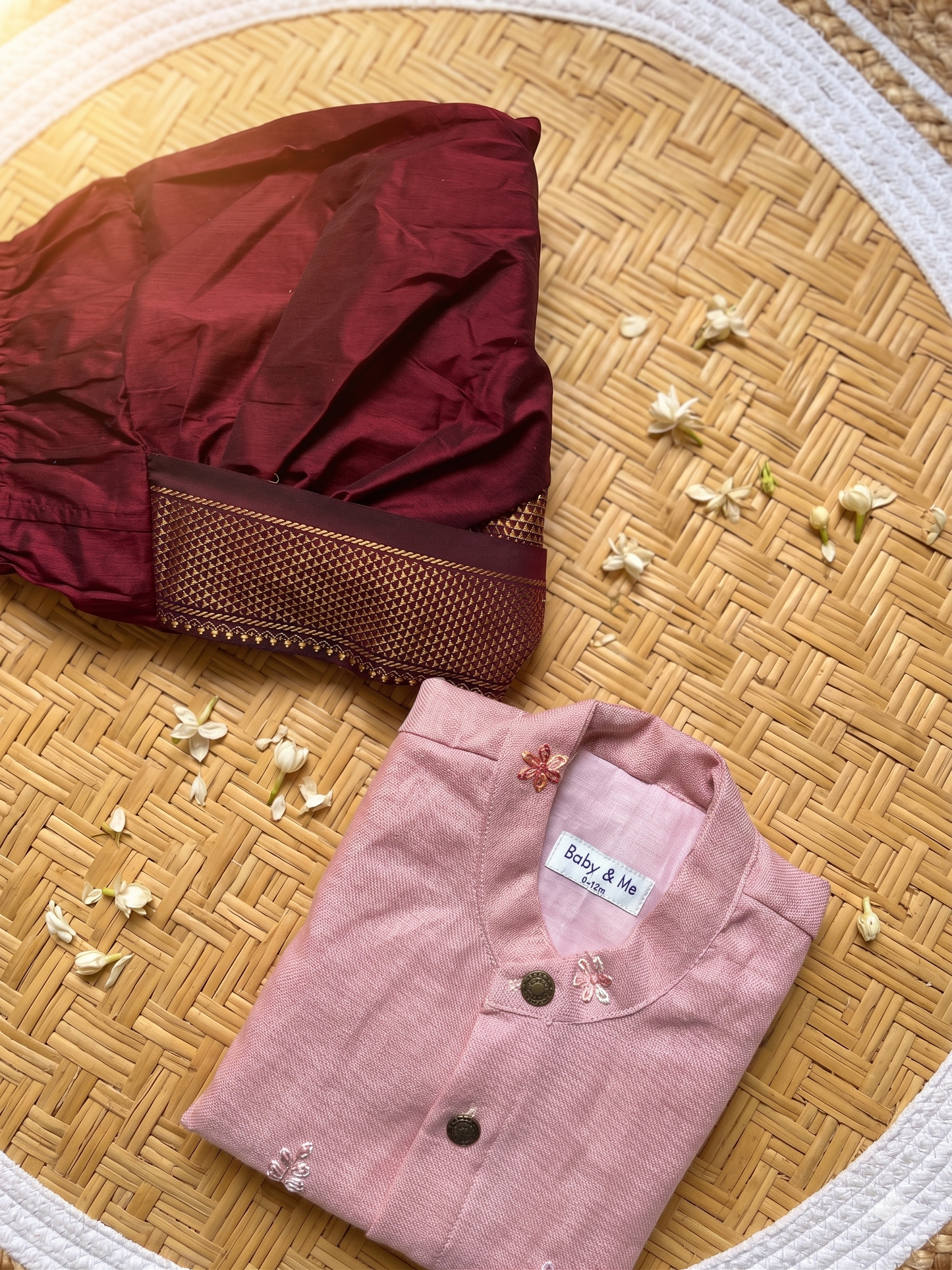 Pure Linen Dusty pink Kurta with Maroon Dhoti for baby boy