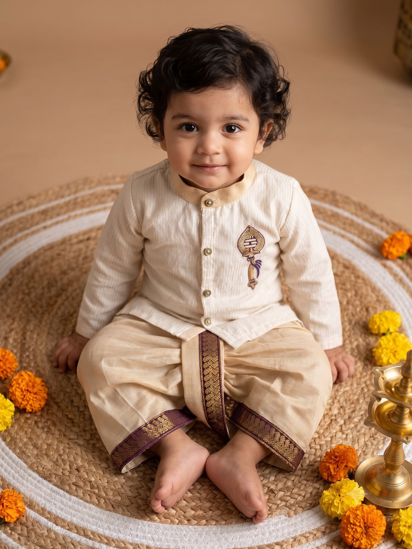 White and gold Muruga trishul embroidred Kurta and Reshme Beige and Dhoti for baby boy