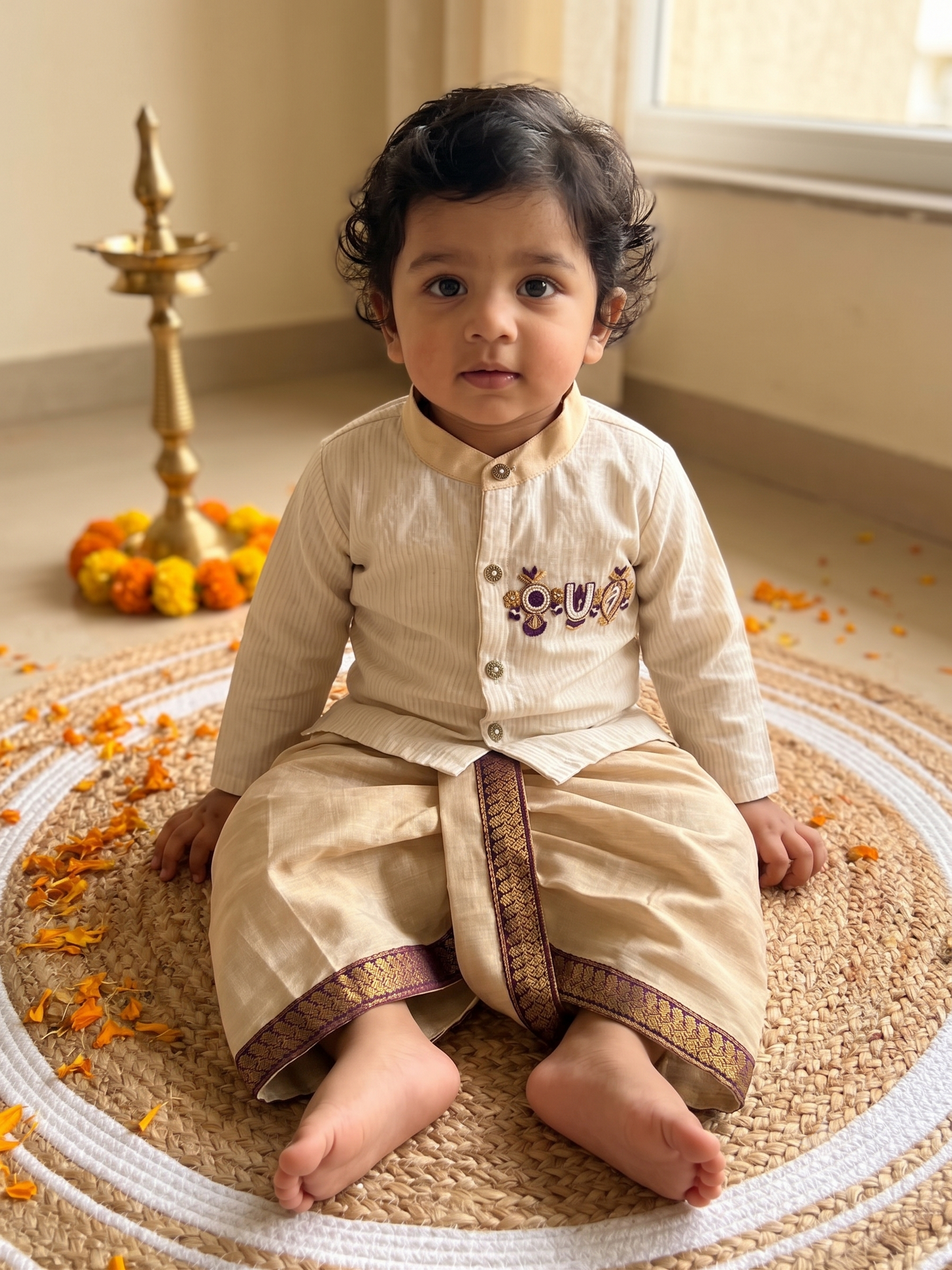 White and gold tirupathi embroidred Kurta and Reshme Beige and Wine Dhoti for baby boy