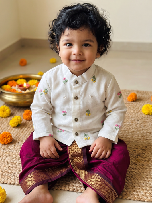 Pure Linen White and Maroon Kurta Dhoti for baby boy