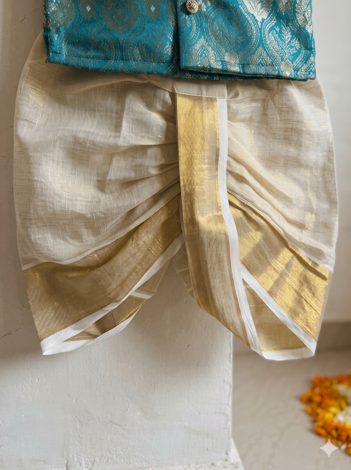 Peacock green banarasi royal kurta with traditional gold dhoti ethnic wear for baby boy