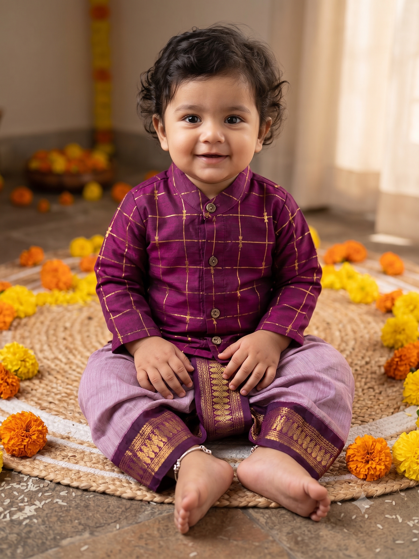 Deep Wine checks Kurta & Lavender Dhoti with Zari Border kurta dhoti for baby boy