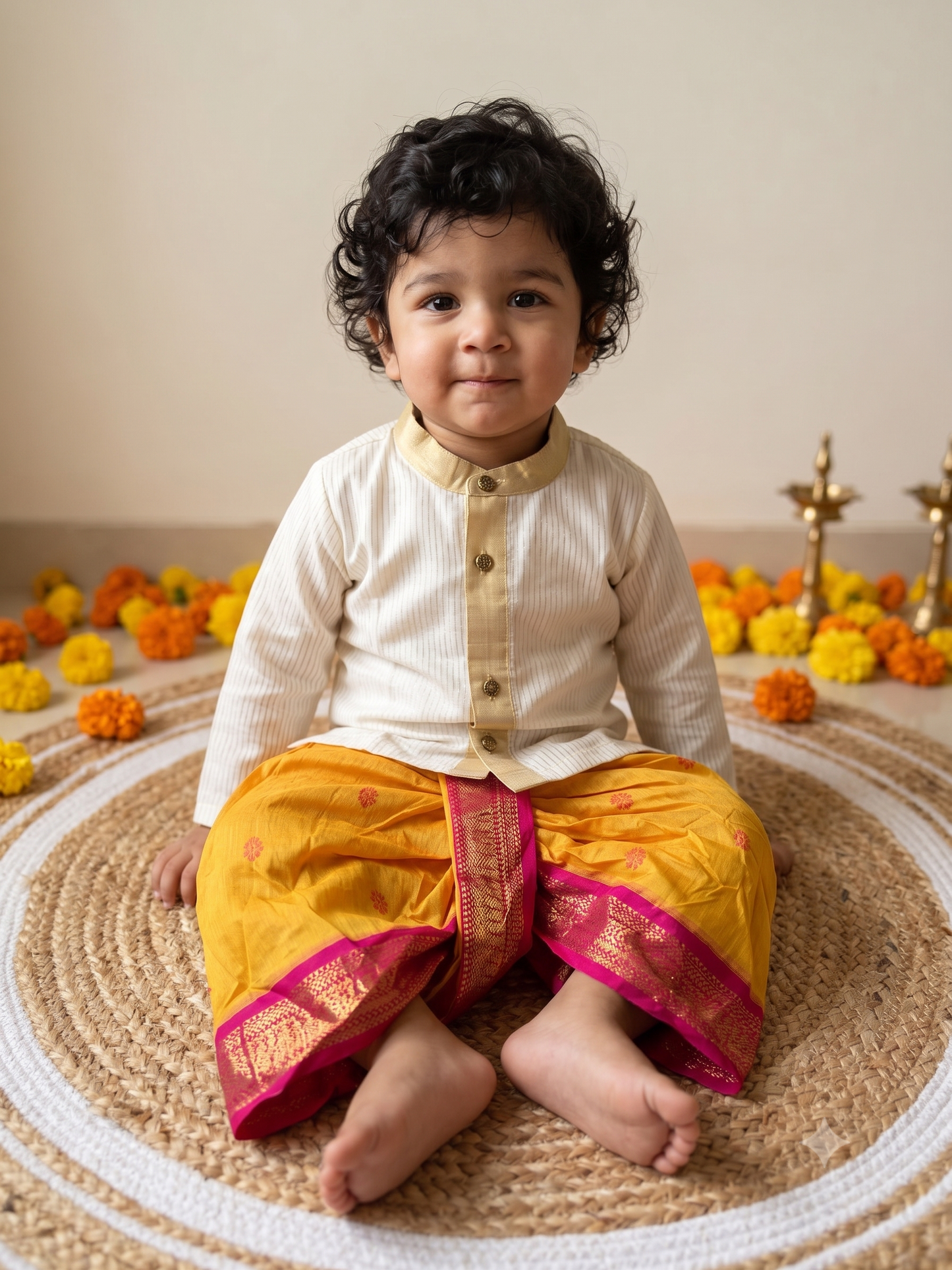 White with gold Kurta and mango yellow with pink Dhoti for baby boy