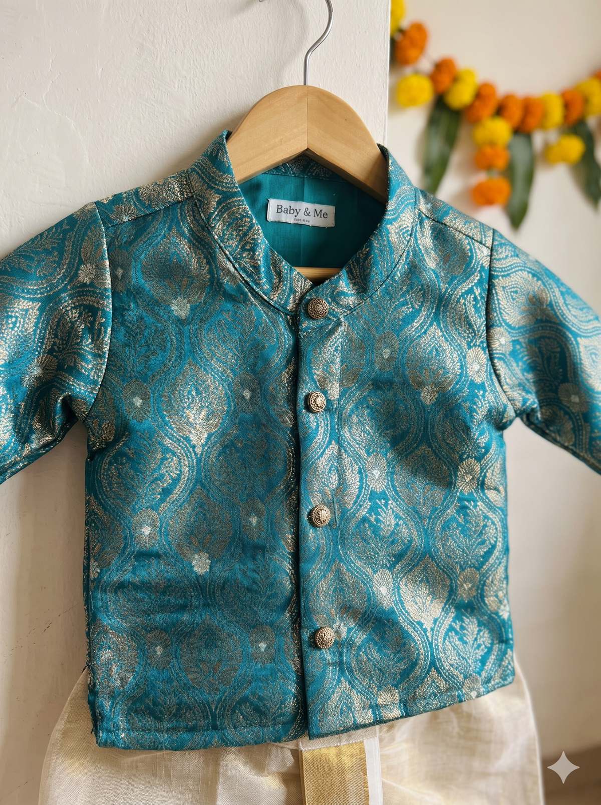 Peacock green banarasi royal kurta with traditional gold dhoti ethnic wear for baby boy