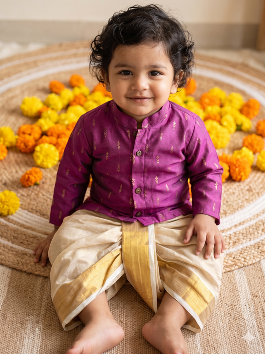 Classy pink kurta and Gold Dhoti for Boys – Traditional Ethnic Wear for Baby Boy