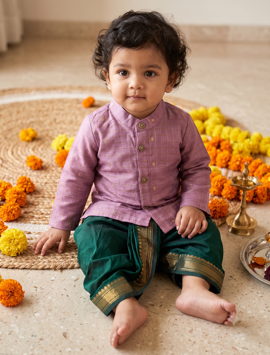 Lavender with green reshme chowka Kurta Dhoti for baby boy - Festive Collection