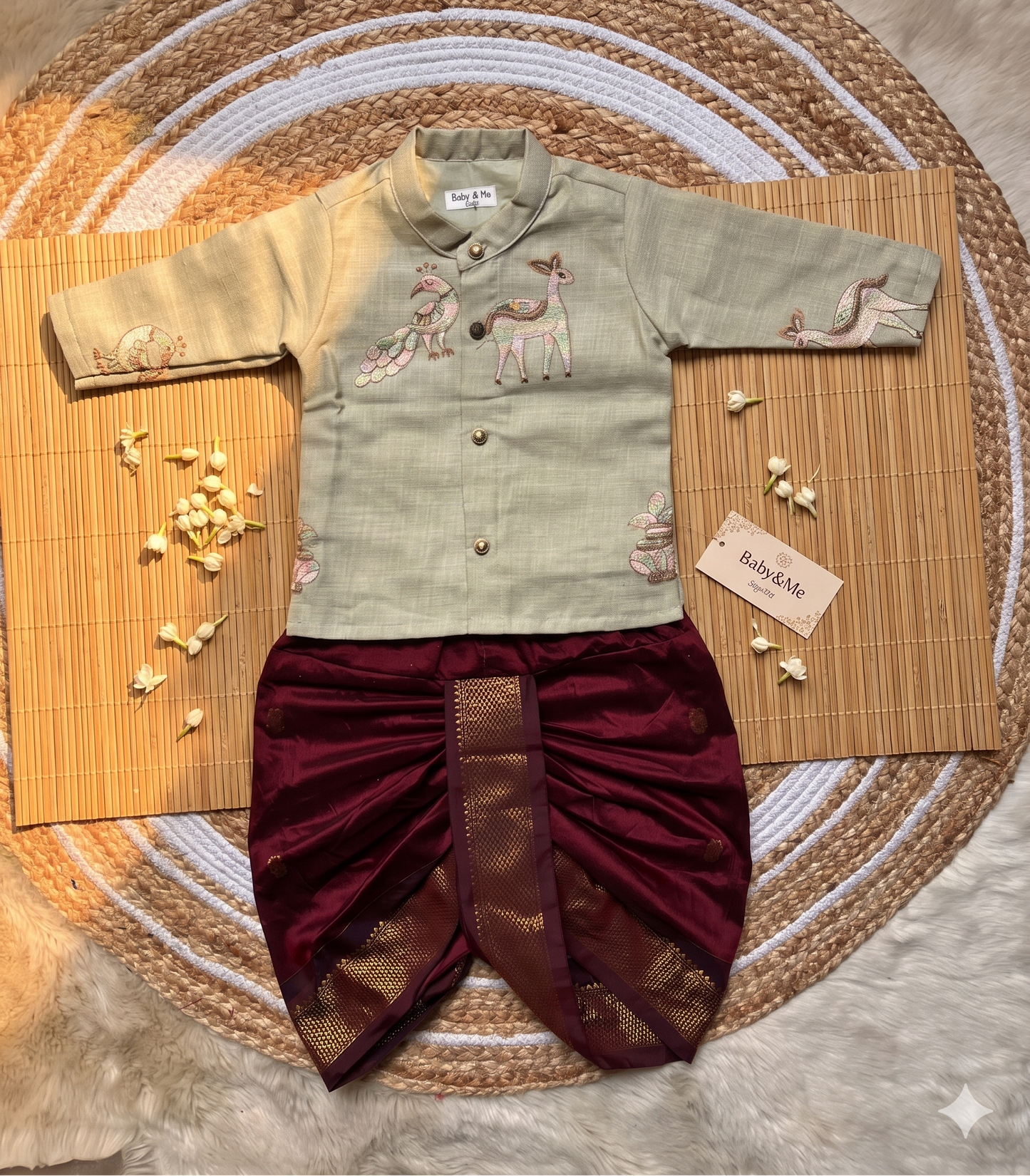 Pure Linen Pista green Kurta with Maroon Dhoti for baby boy