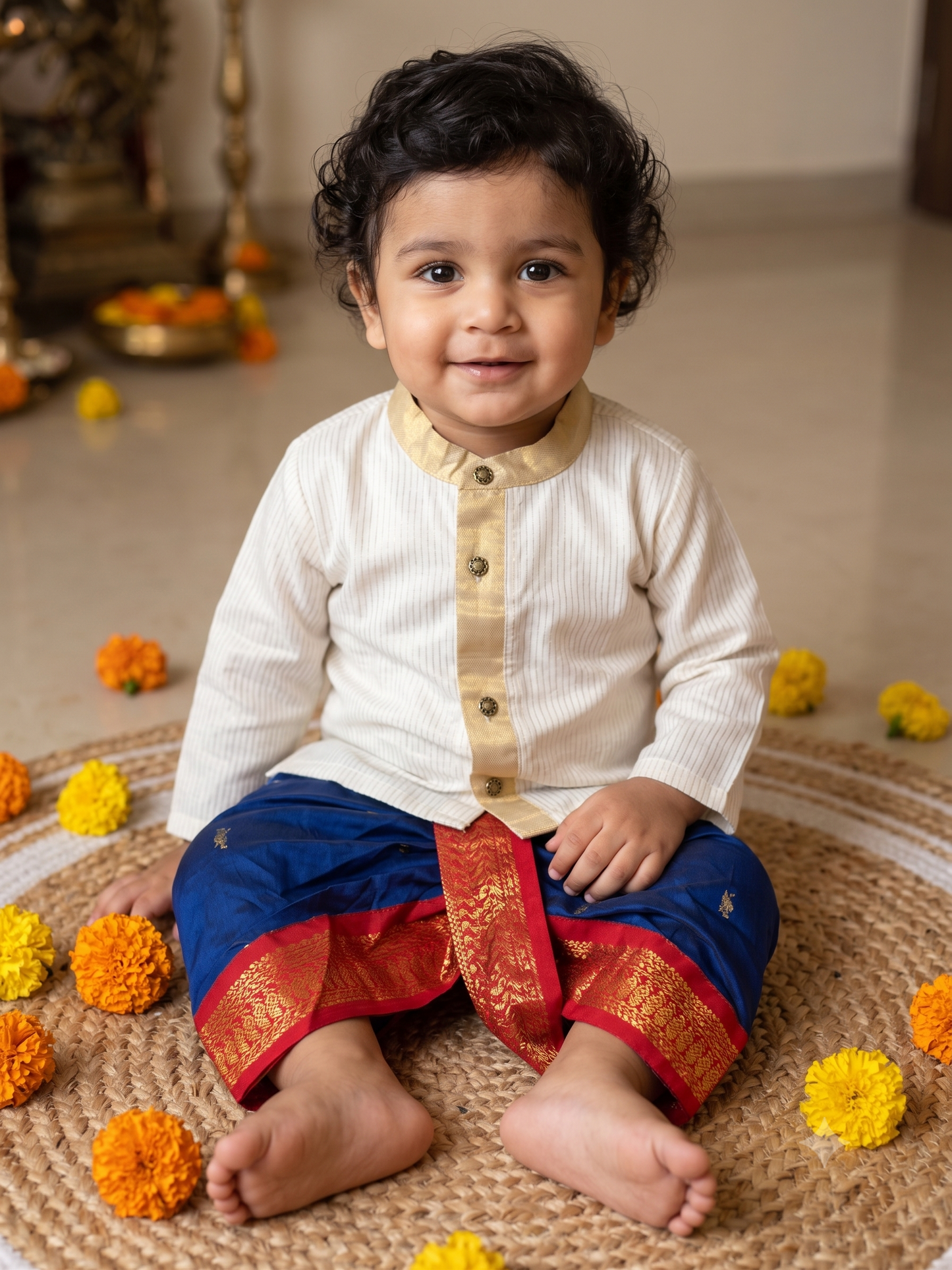 White with gold Kurta and royal blue with red Dhoti for baby boy