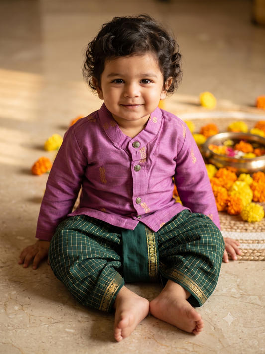 Pink kurta and bottle green checked Dhoti for Boys – Traditional Ethnic Wear Cotton weave for Baby Boy