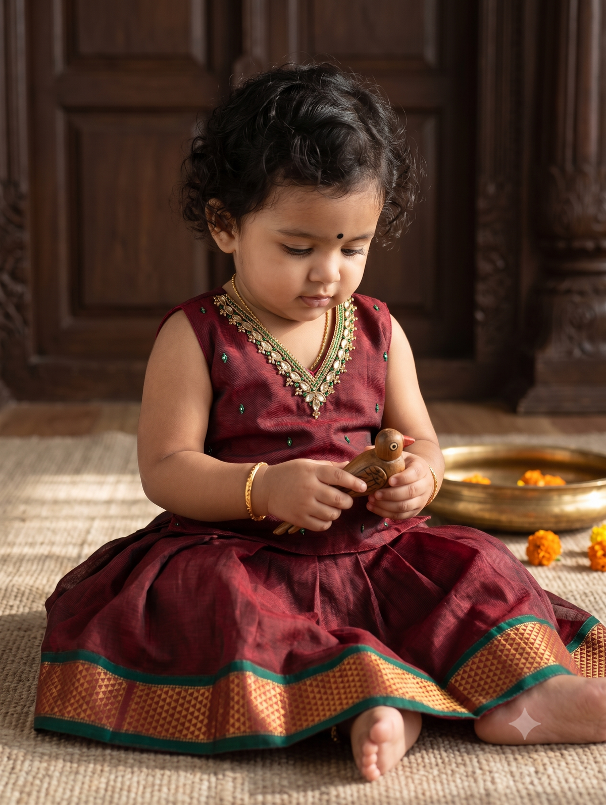 ಗಾಢ ಕೆಂಪು (Maroon) kanchi silk cotton sleeveless heritage langa blouse for baby girl