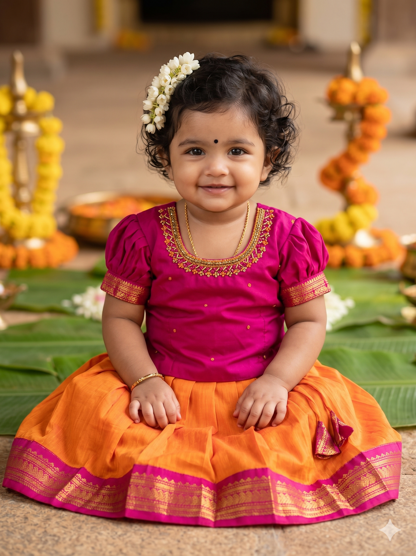 Orange and Pink Embroided Langa Blouse – Traditional Zari Border Cotton Dress for Baby Girl