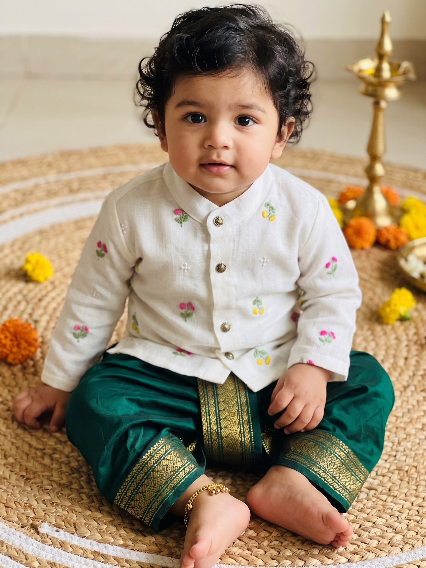 Pure Linen White and Bottle green Kurta Dhoti for baby boy