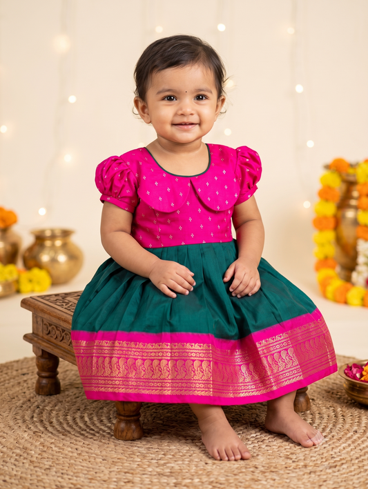 Pink and bottle green (Retro Style) - Zari border ethnic wear for baby girl