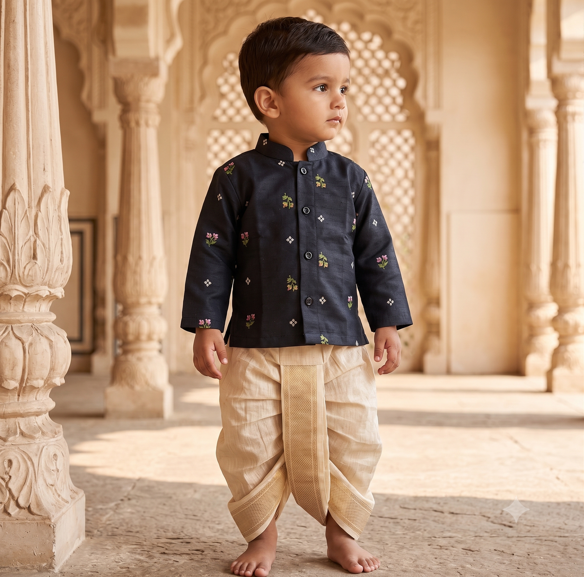 Pure Linen Black with Kerala Kasavu gold Kurta Dhoti for baby boy