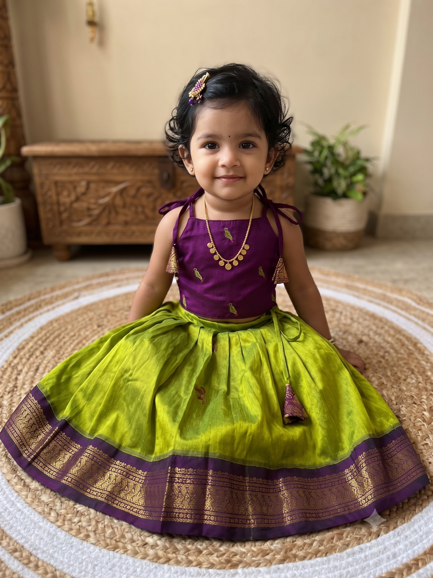 Green and Wine Kids Crop top with langa – Traditional Zari Border Cotton Dress for Baby Girl