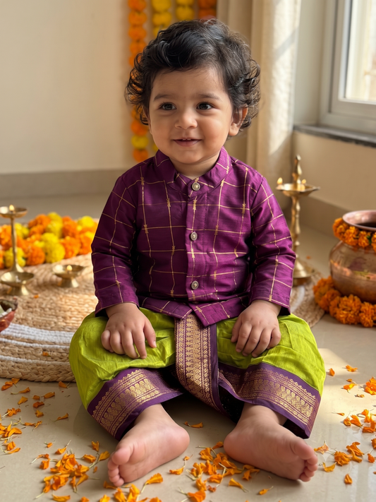 Deep Wine checks Kurta & Green Dhoti with Zari Border kurta dhoti for baby boy