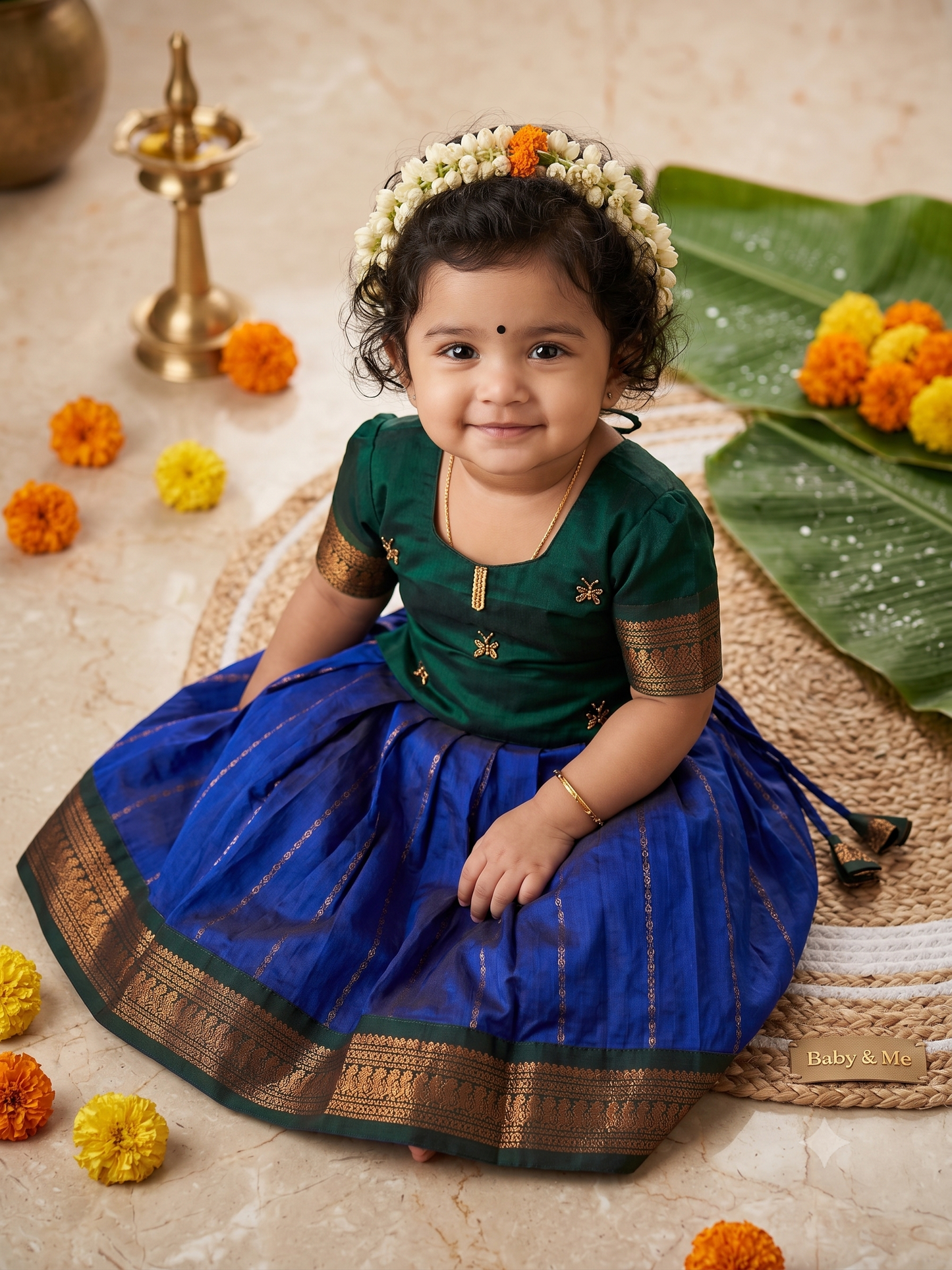 Royal blue and bottle green traditional pavadai set for Baby Girl