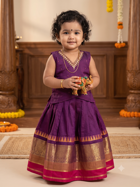 ನೇರಳೆ (Grape) kanchi silk cotton sleeveless heritage langa blouse for baby girl
