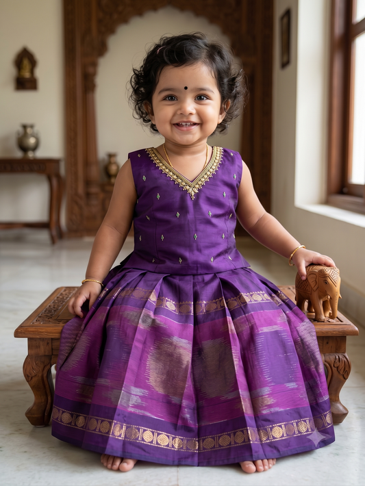 Pochampally border purple kanchi silk cotton sleeveless heritage langa blouse for baby girl