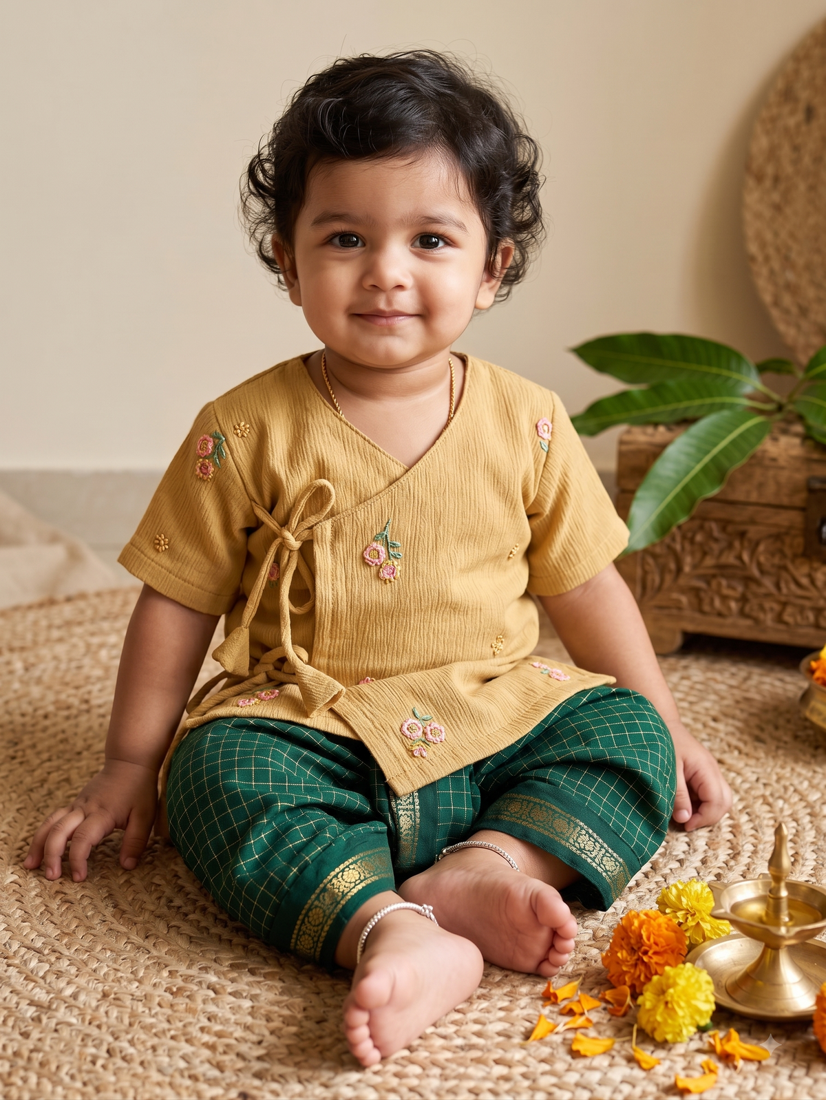 Warm yellow Angrakha with green dhoti comfortable ethnic wear for baby boy