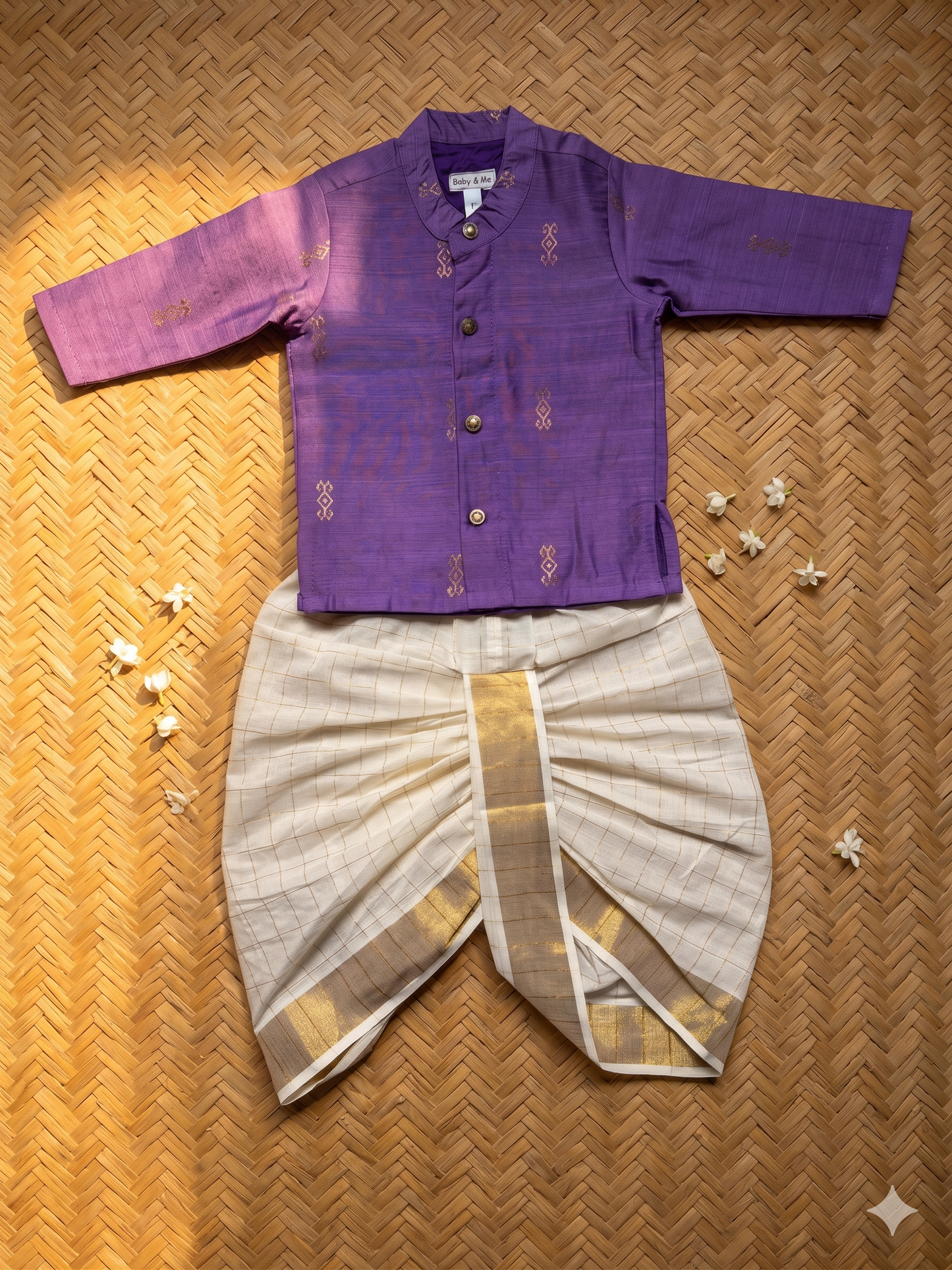 Lavendar weave kurta and white checks Dhoti for Boys – Traditional Ethnic Wear for Baby Boy