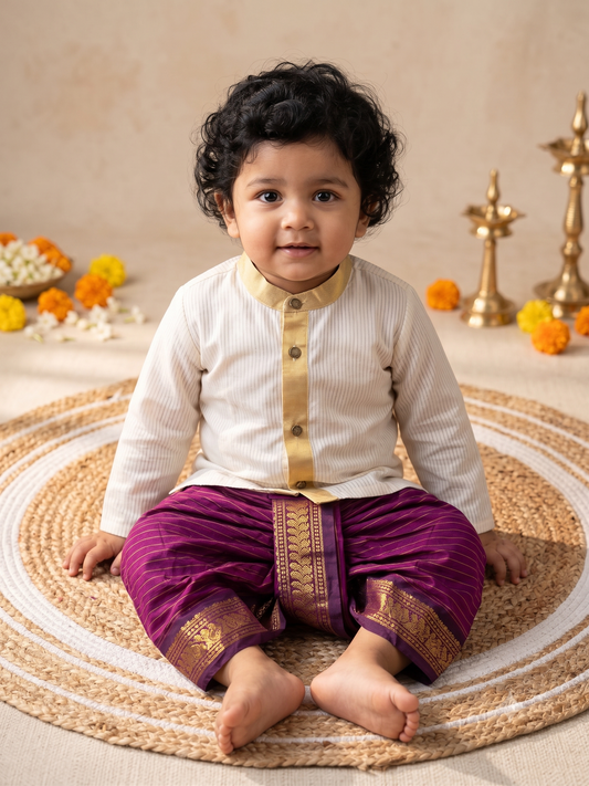 White with gold Kurta and wine stripe Dhoti for baby boy