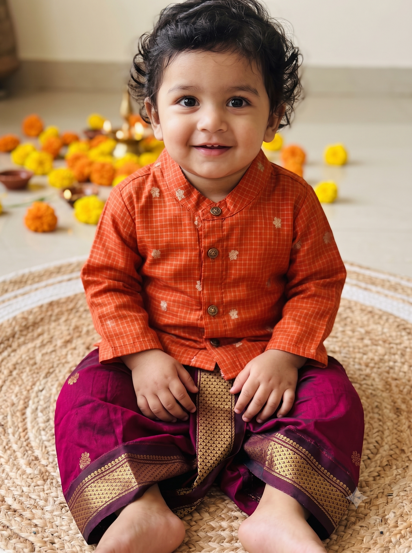 Reshme Chowka and maroon Kurta Dhoti for baby boy - Festive Collection