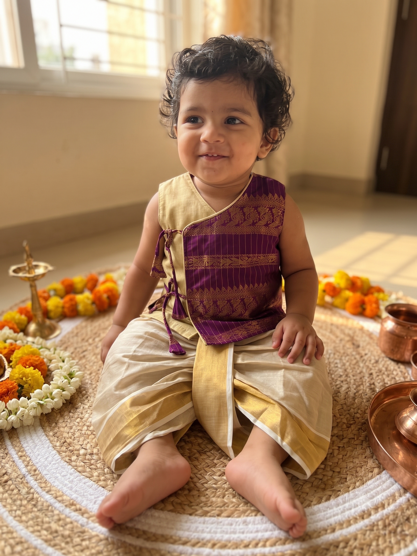 Wine  Angrakha Kurta and Gold Dhoti for Baby Boy – Sleeveless Ethnic Wear