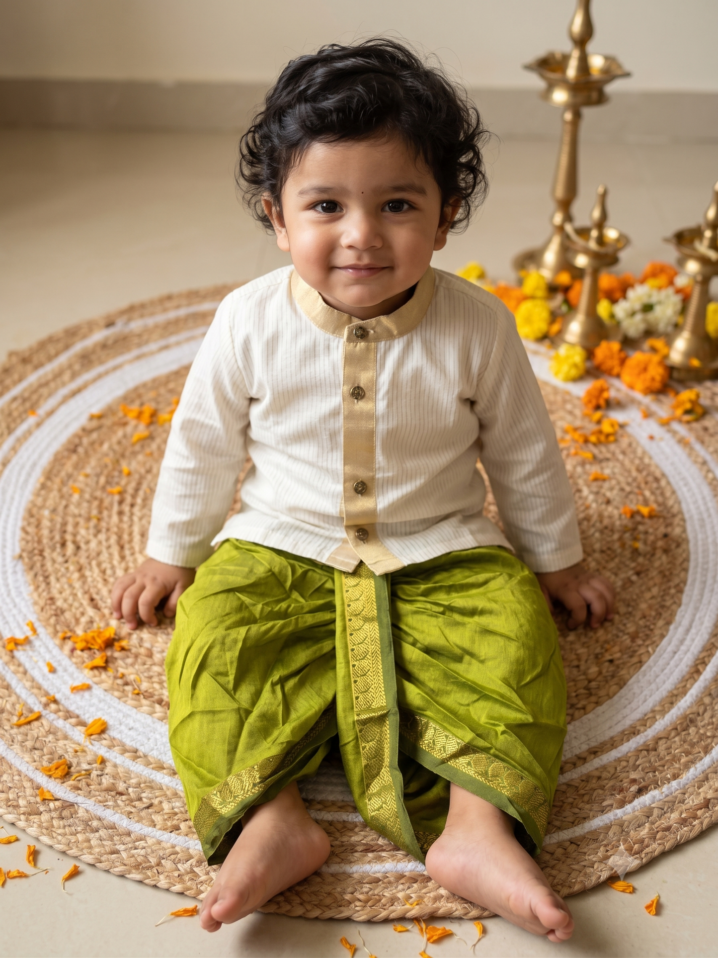 White with gold Kurta and olive green Dhoti for baby boy