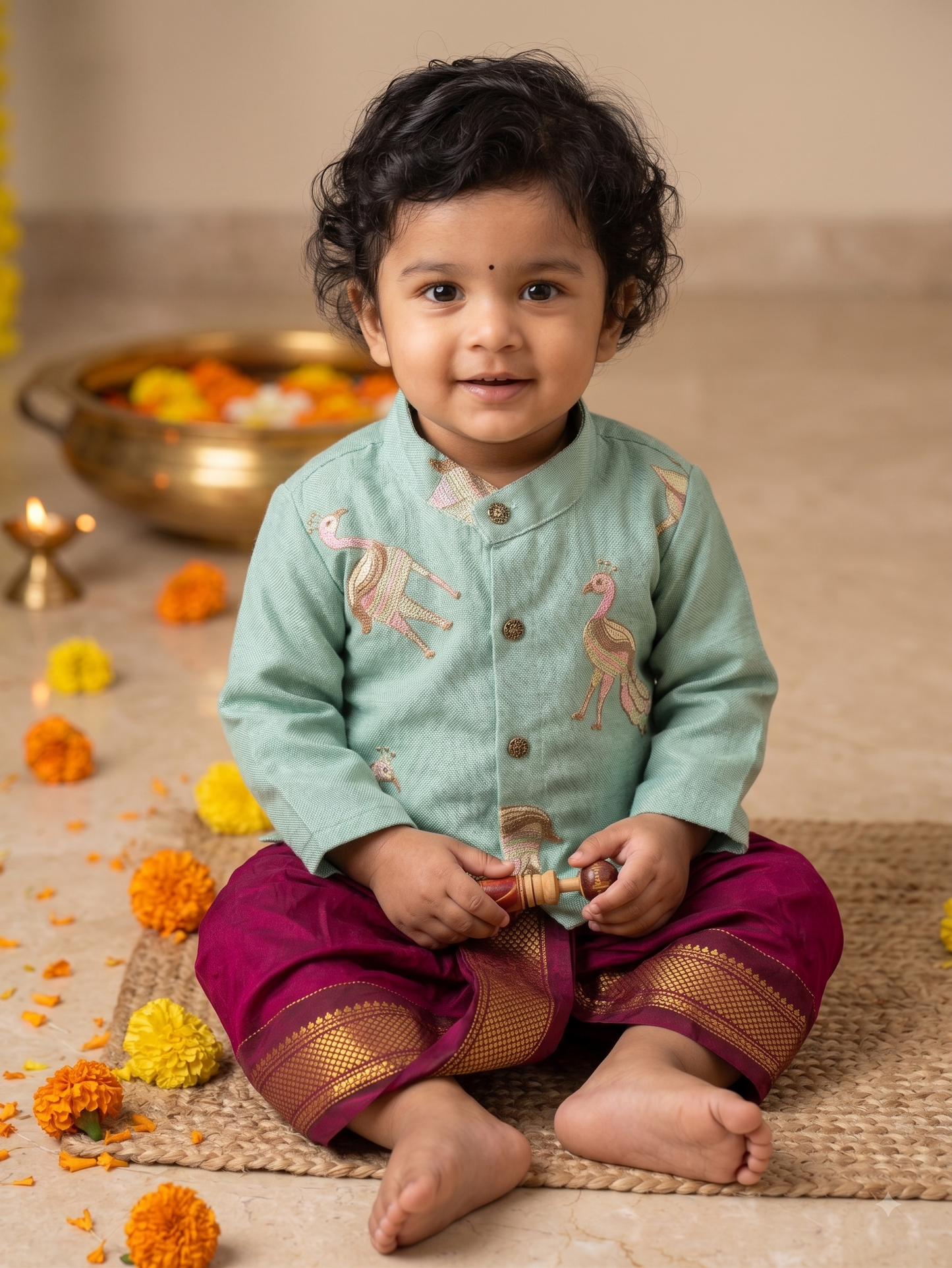 Pure Linen light blue Kurta with Maroon Dhoti for baby boy