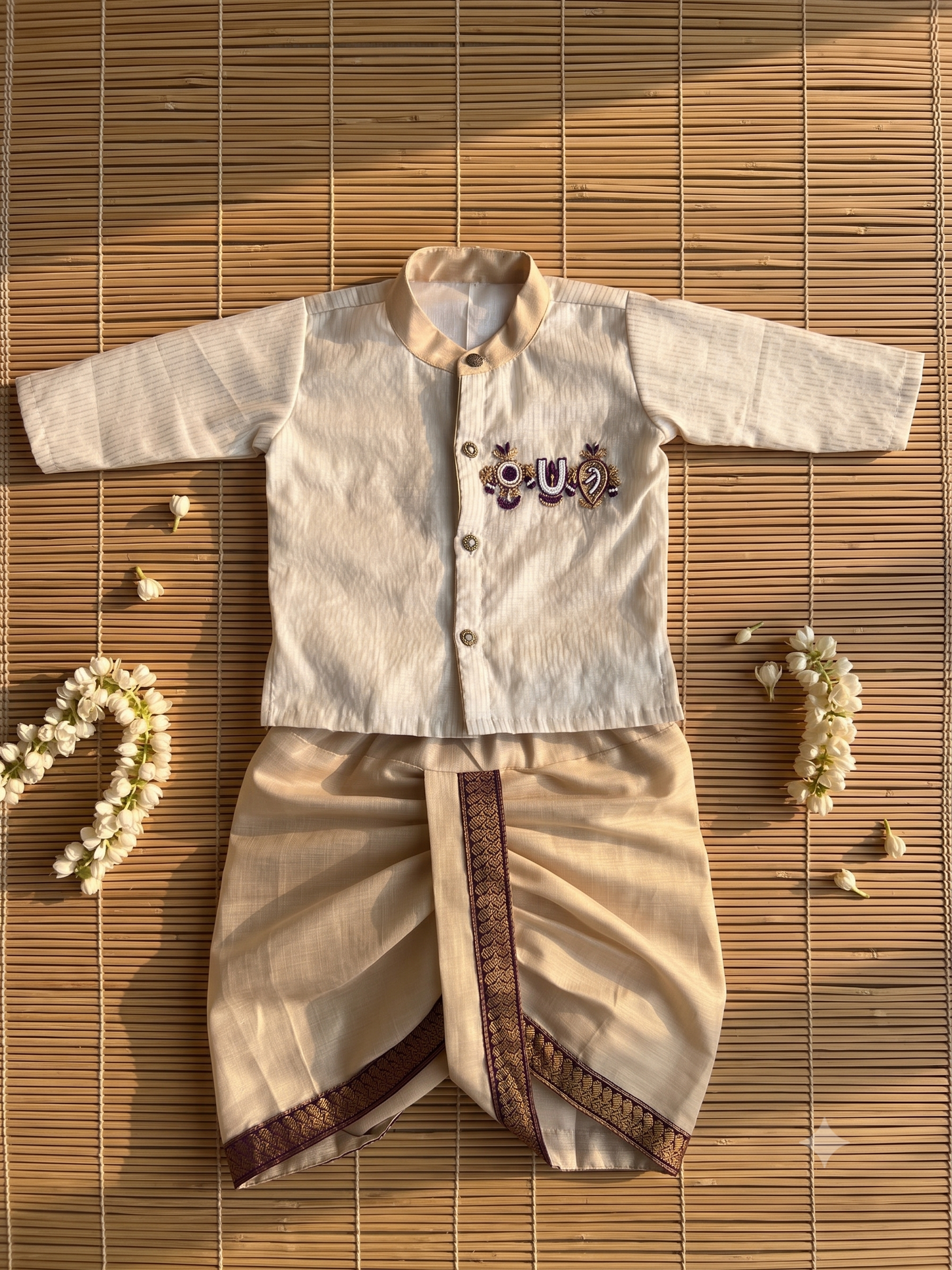 White and gold tirupathi embroidred Kurta and Reshme Beige and Wine Dhoti for baby boy